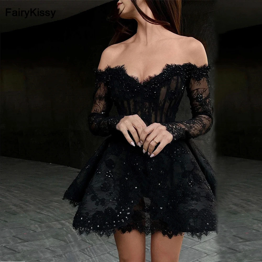 FairyKissy Elegant Dress for Women Evening Dress Black Cocktail of Gowns for Day and Night Party Short Lace Robe Sweetheart 2025