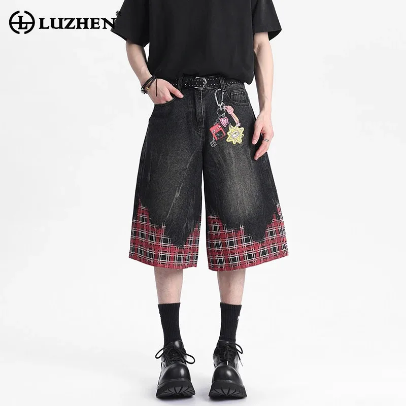 

LUZHEN клетчатая вышивка с принтом, цветной узор, контрастные джинсовые укороченные брюки, мужские новые свободные джинсы 2025 года, JY3527