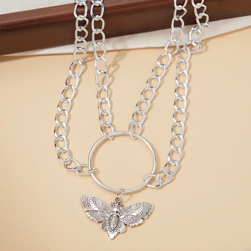Vintage Gothic Death Moth Skull Pendant Necklace Women's Personalized Charms Double Layer Collarbone Chain Halloween Accessories image 5