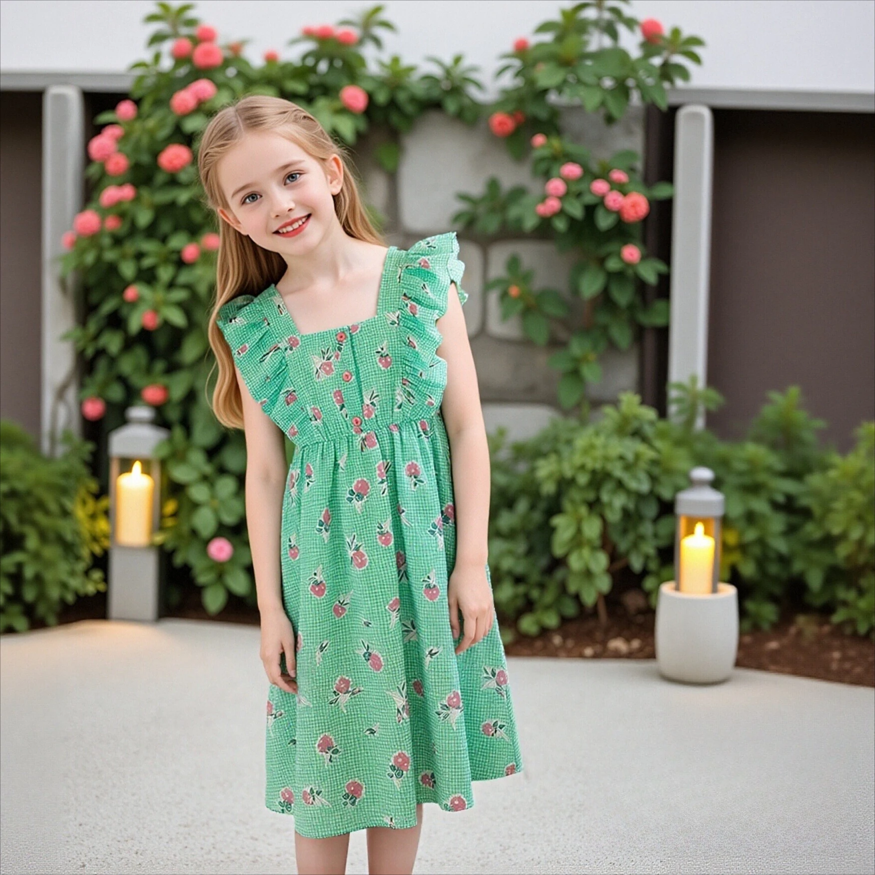 Girls Green Gingham Peach Floral Print Square Neck Ruffle Sleeveless Tiered Dress Casual Summer Beach Vacation Kids Sundress