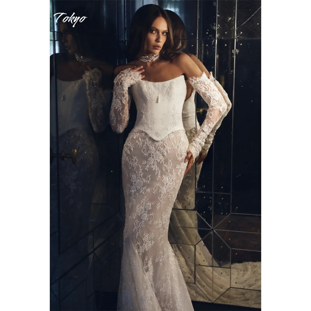 طوكيو مخصص الأبيض حورية البحر فستان الزفاف حمالة انفصال الأكمام عودة الدانتيل متابعة ثوب الزفاف قطار المحكمة ثوب الزفاف #1