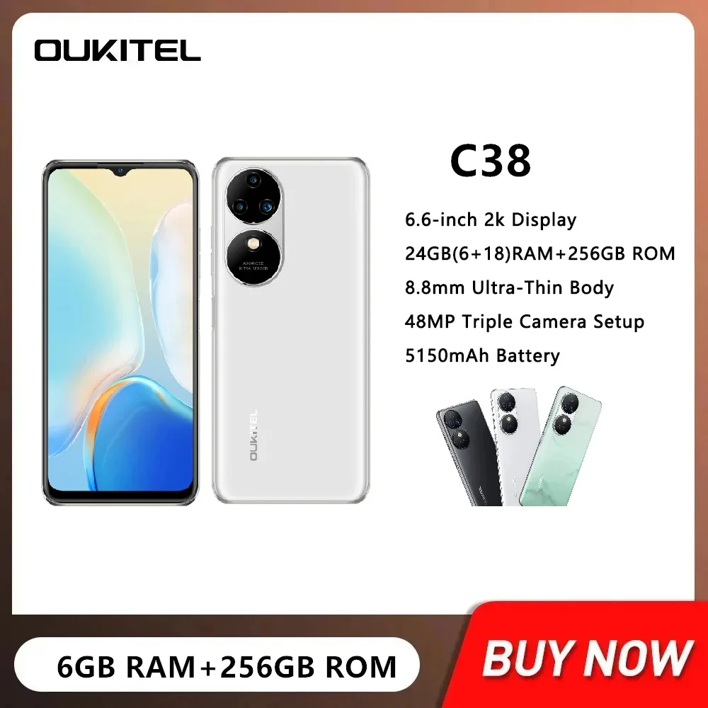 OUKITEL C38 Cheap 4G Smartphones 6.6 Inch FHD+ Display Octa Core 6GB+256GB Android 13 Mobile Phone 5150mAh Battery 48MP Camera