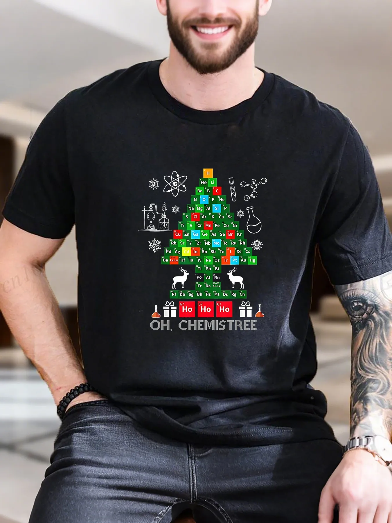 

Men's Christmas Tree Chemical Print Cotton T-Shirt, Breathable & Comfortable Short Sleeve, Holiday Party Casual Wear, Tr