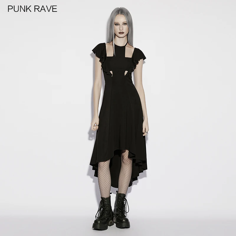 

Женское готическое вязаное платье PUNK RAVE с крестообразными вырезами, рукавами-крылышками, оборками и асимметричным подолом, длинное, на каждый день