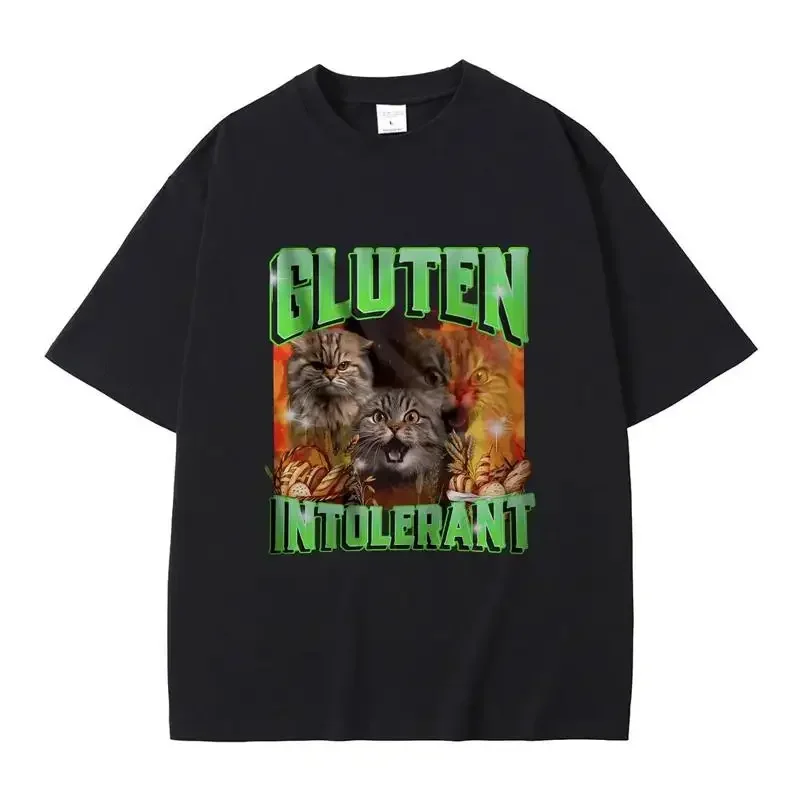 Gluten In Tolerant Cat Funny Meme Print T Shirt Male Fashion Oversized Streetwea