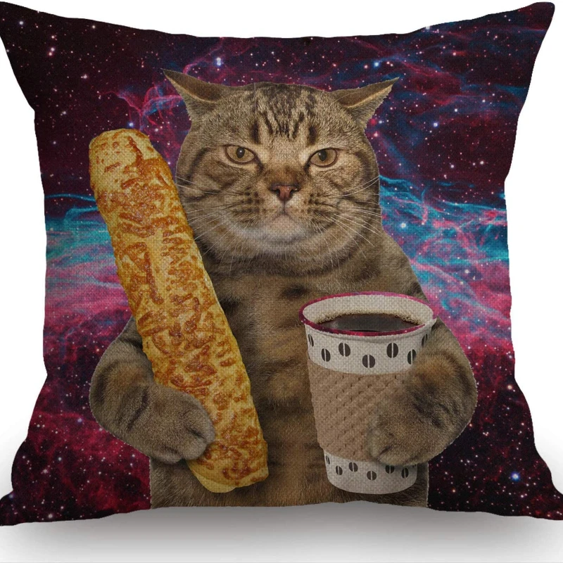 

Funny Galaxy Cat Decorative Pillowcases The Cat Holding Coffee Cushion Cover 18 X 18 In Linen Cotton Pillows Case for Sofa Couch