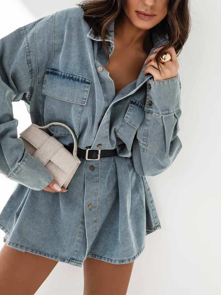 

Женская джинсовая рубашка большого размера, винтажная свободная синяя однобортная мини-платье с карманами, модная весна 2024, верхняя одежда с длинными рукавами