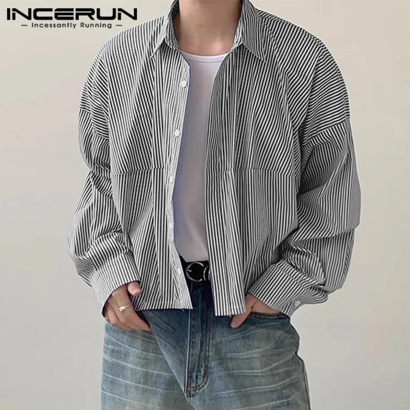 INCERUN Tops 2024 Korean Style Handsome Men\'s Simple Thin Stripe Design Shirts Casual Streetwear Lapel Long Sleeved Blouse S-5XL