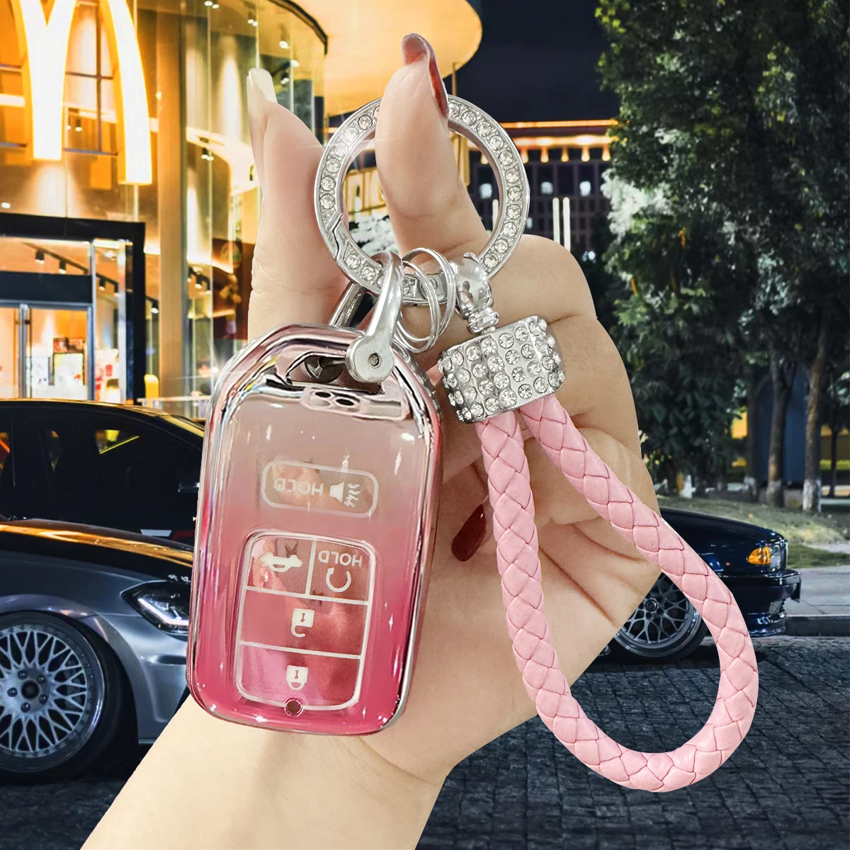 Equipped with rhinestone key rope, TPU car fashion gradient powder key case, suitable for Honda Civic tenth generation key case,