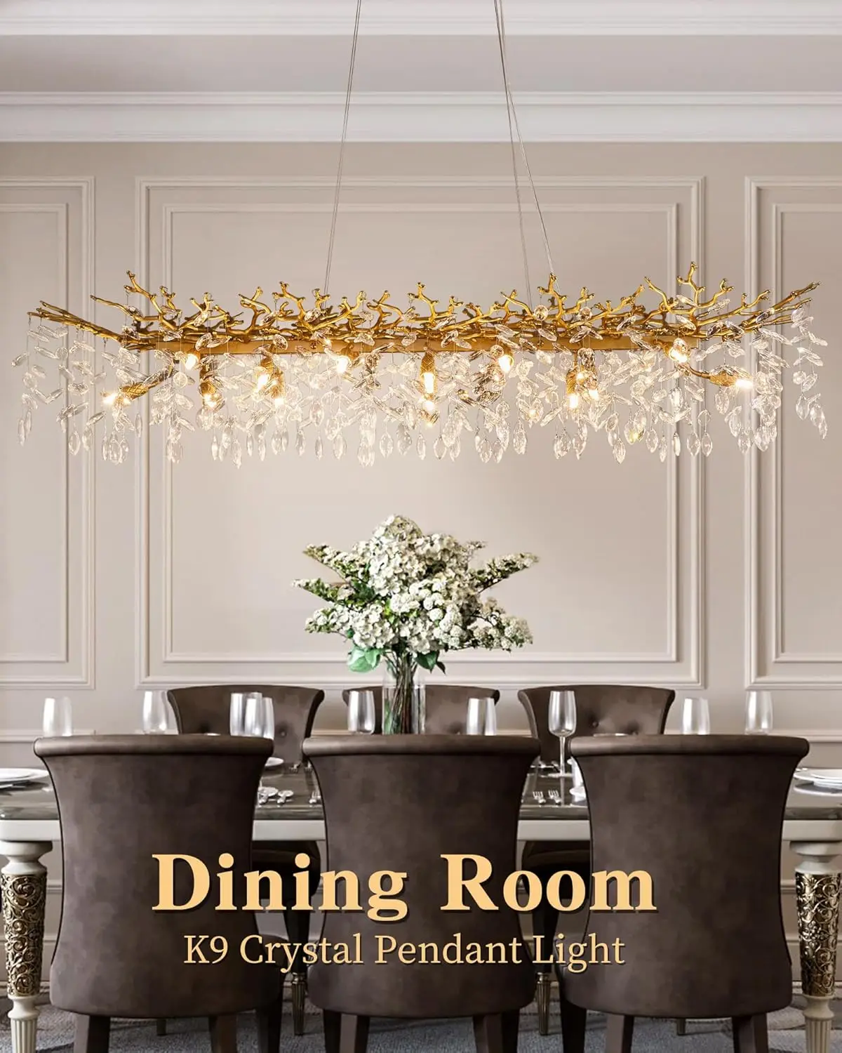

Rectangular Modern Black Branch Crystal Chandelier for Dining Table Living Room Dimmable Crystal Pendant Light Kitchen Vila