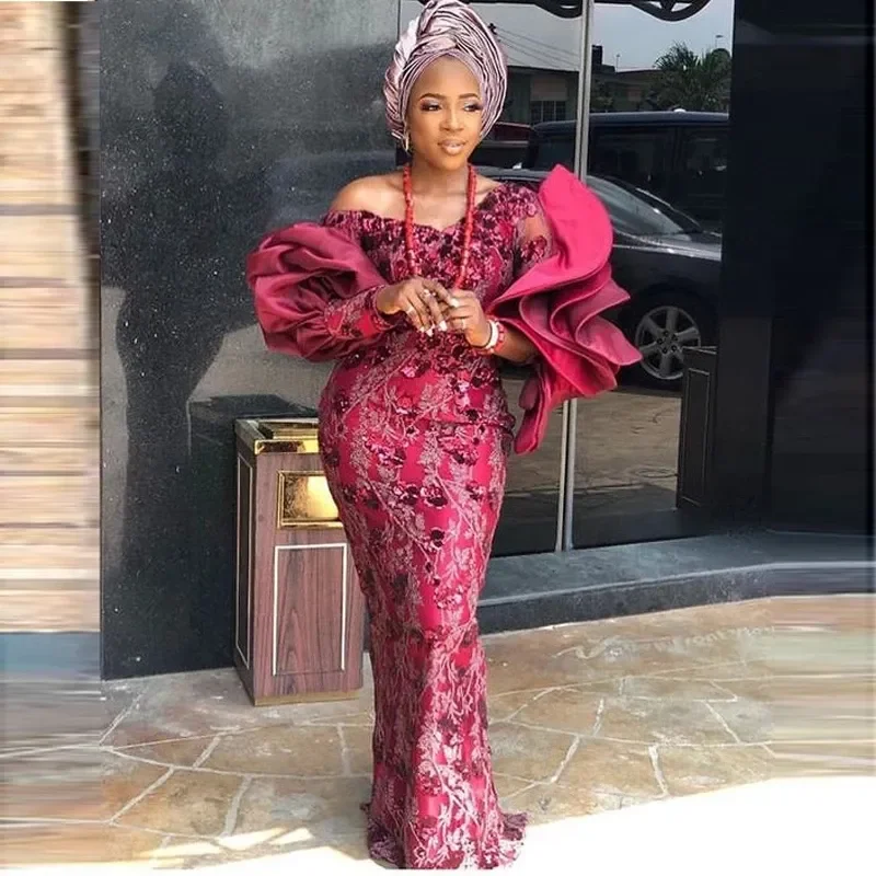 Abiti da sera bordeaux con balza e spalle scoperte da donna africana Abiti da festa a maniche lunghe Abiti da festa per occasioni speciali a sirena 2024