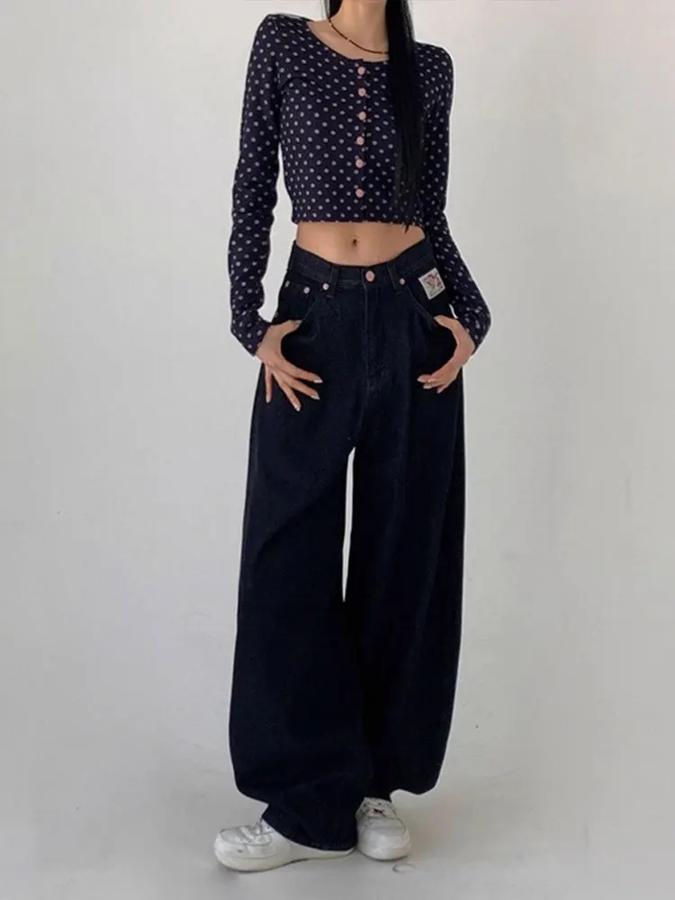 Jeans retrò a gamba larga a vita alta da donna, pantaloni estivi in denim con scritte ricamate e coltello drappeggiato, vestibilità dritta