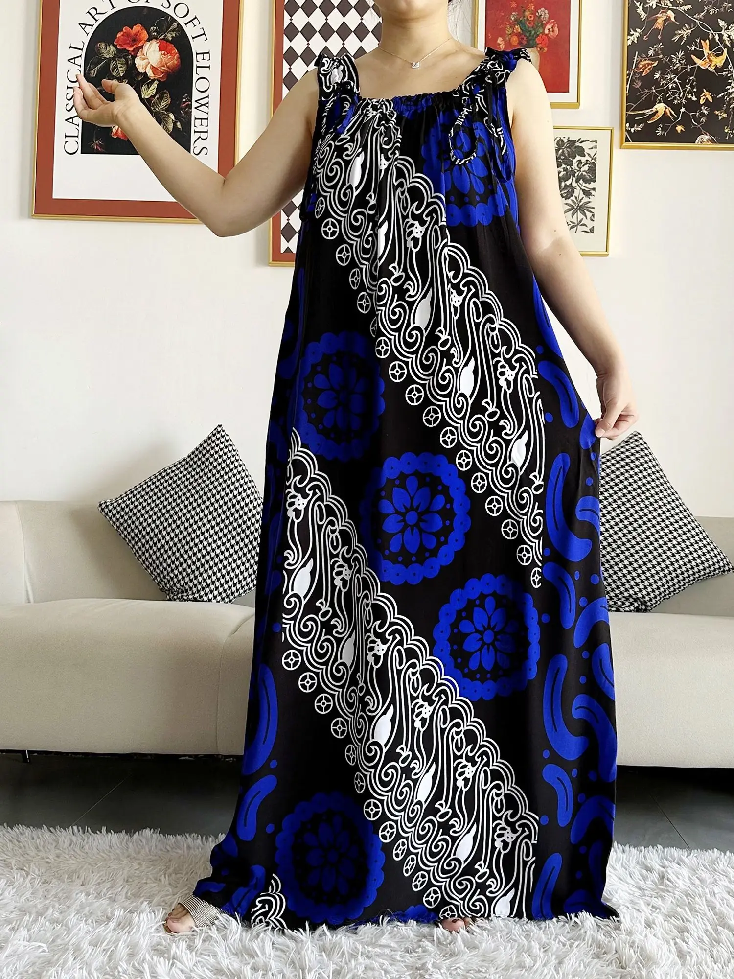 2023 New Women Cotton Summer Sleeveless Dress With Scarfs Under Dress African Dashiki Maxi Lady Robe Loose Kaftan Vestidos