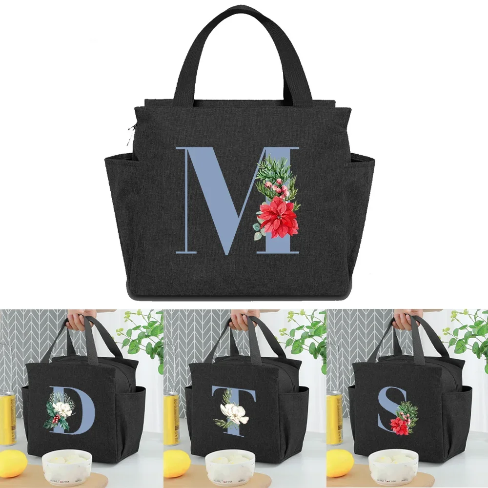 Fashion Large Capacity Lunch Bag Insulated Tote Bags Blue Letter Series  Outdoor Picnic Portable Beach Picnic Bags School Breaks