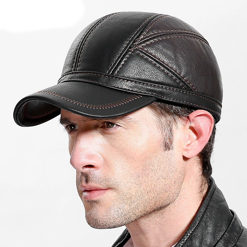 

Fashion Aircraft Cap Winter middle-aged Elderly Men Duck Tongue Cap Sub Ear Protection PU Elderly Baseball Cap Cold Wind Warm