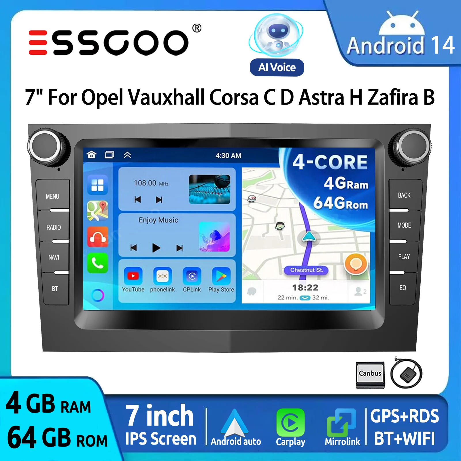ESSGOO Autorradio Android 14 7" per Opel/Vauxhall Corsa D Astra H Zafira Vivaro Zafira Combo Signum Tigra Meriva CarPlay Senza Fili Android Auto GPS Navi Controllo Vocale AI WiFi FM RDS Mirror Link