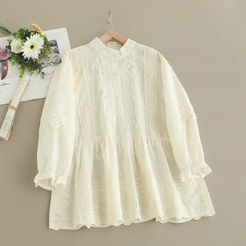 Spring Sweet Mori Girl Japan Style Hollow Out Embroidered Shirt Women Stand Collar Long Sleeve Solid Color Casual Tops Blusas