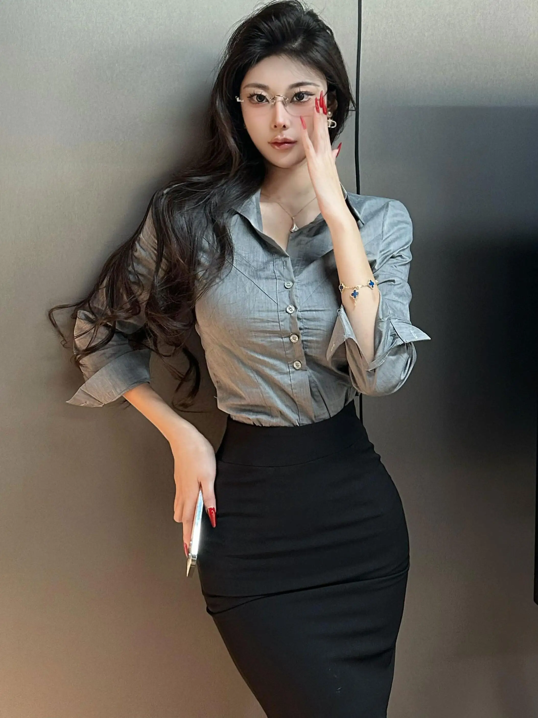 

Sexy High-End Grey Long Sleeve Shirt Skirt Set Women's Professional Clothing Waist-Cinching Slimming Elegant Shirt Bodycon Sk...