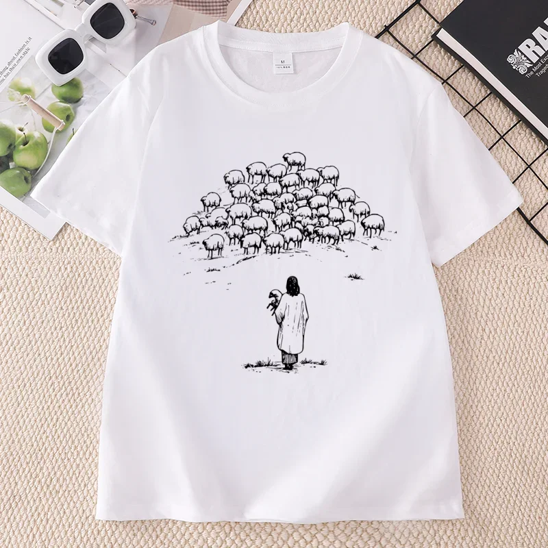 2026 Christian Good Shepherd T-Shirt Men Women Jesus and Sheep Tee Bible Verse T Shirt Religious Short Sleeve Woman Clothing