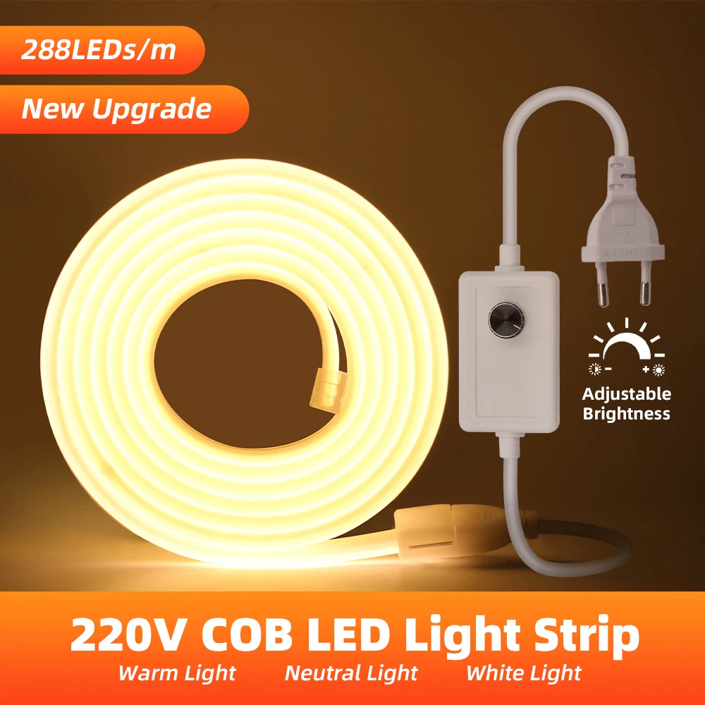 220V COB LED Neon Strip Light Bar EU ON OFF Switch/Dimmer Switch Power Plug 288LEDs/M RA90 Waterproof FOB Linear Lighting Rope