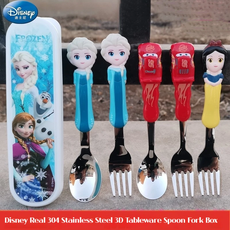 New Disney Stitch Cartoon Kids Tableware Set Portable Storage Box Baby Kindergarten Training Fork And Spoon 304 Stainless Steel