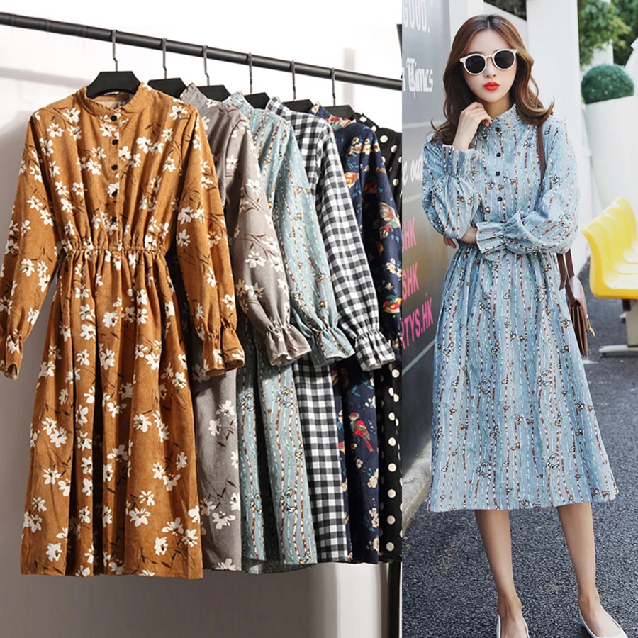 Corduroy High Elastic Waist Vintage Dress Autumn Winter Women Full Sleeve Floral Midi Dress Bodycon Party Sexy Vestido 25 Colors