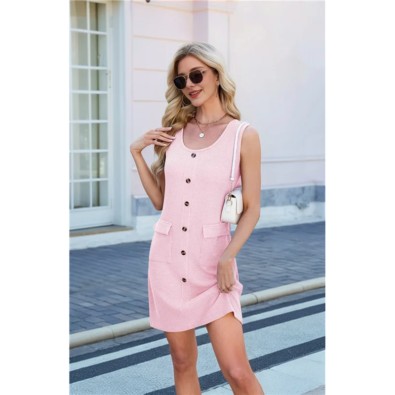 ABRT-ผู้หญิง 2025 ฤดูร้อนมินิเดรสCrewneckปุ่มถักสีทึบBodycon Partyเดรสสั้นพร้อมกระเป๋า