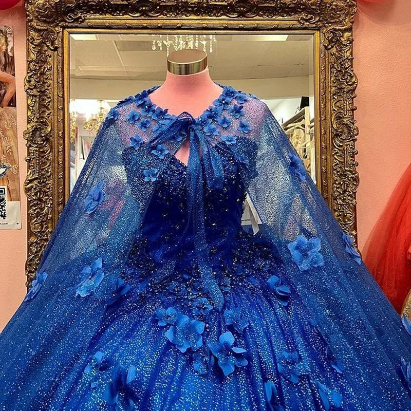 Vestido De quinceañera azul real brillante con cuentas, apliques florales 3D con capa, baile De cumpleaños, fiesta De princesa, nuevo