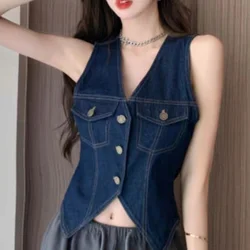 Summer Vintage Solid Color V-neck Top Tee Femme Trend Sexy All-match Sleeveless Slim Tank Top Women Clothing Casual Pocket Tops