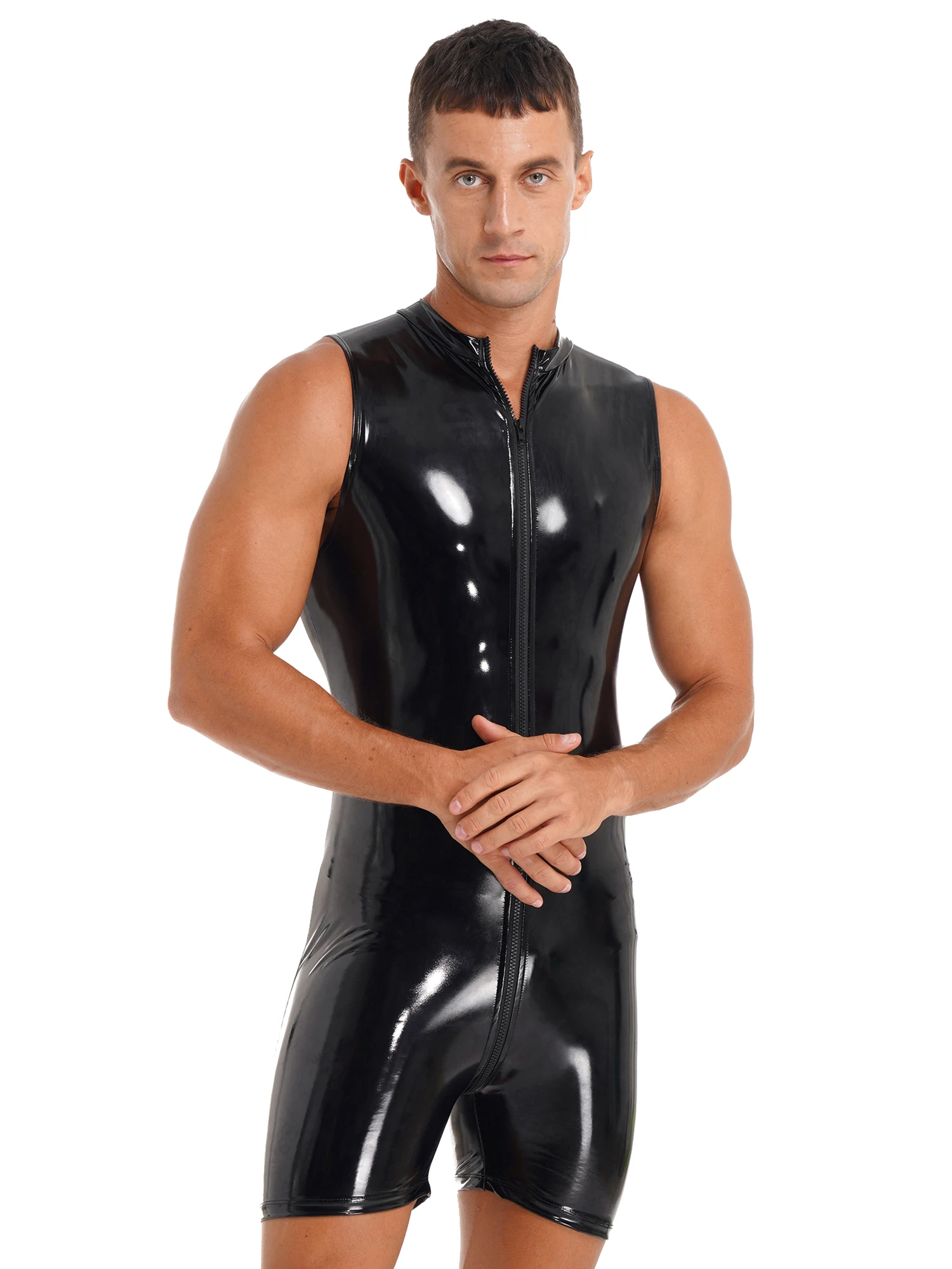 Men\'s Shiny Patent Leather Sleeveless Zip Up Bodysuit Exotic Costume Rave Party Clubwear for Pole Dancing Lingerie Jumpsuit