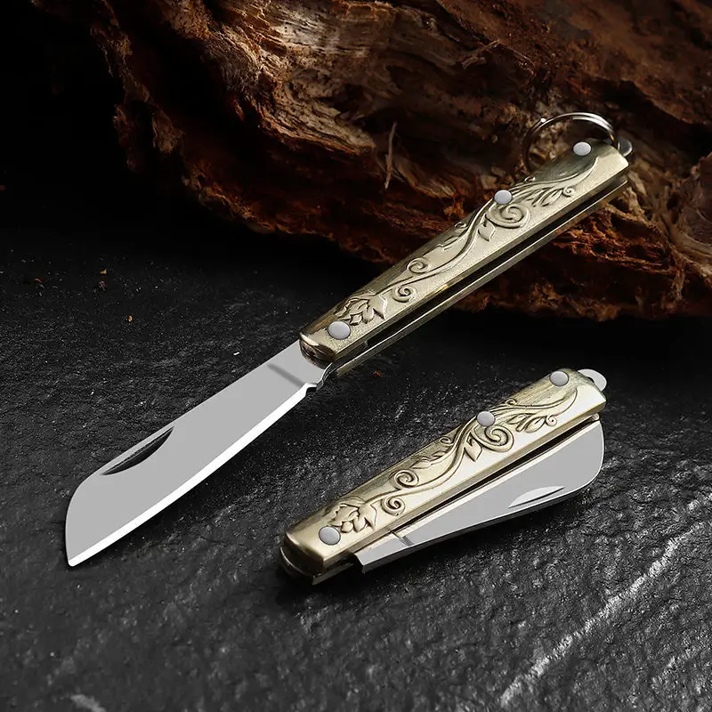 Mini Brass Folding Knife, Portable Pocket Knife, Gift Key Chain Pendant, Express Unboxing, Sharp Fruit Knife