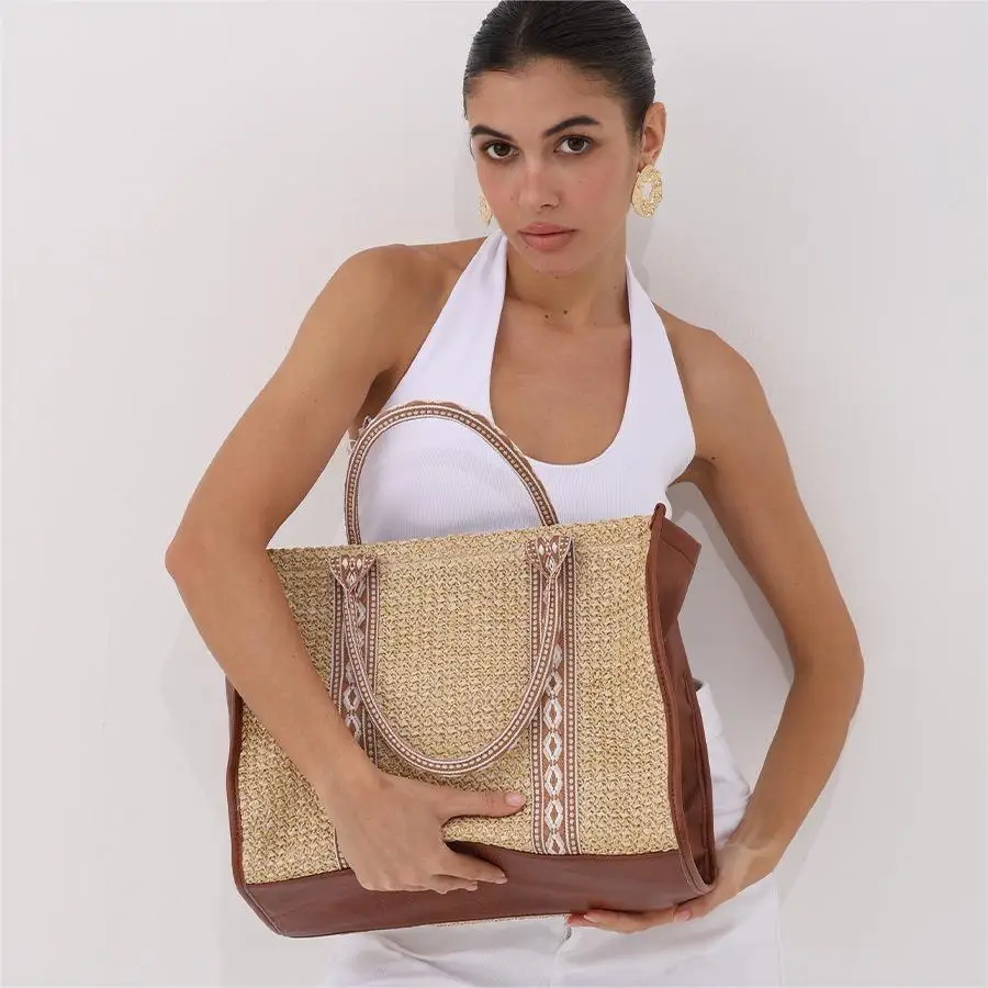 

Ins Style Woven Straw Handbag Large Capacity Removable Strap Shoulder Crossbody Tote for Beach Picnic Basket Pet Carrier Storage