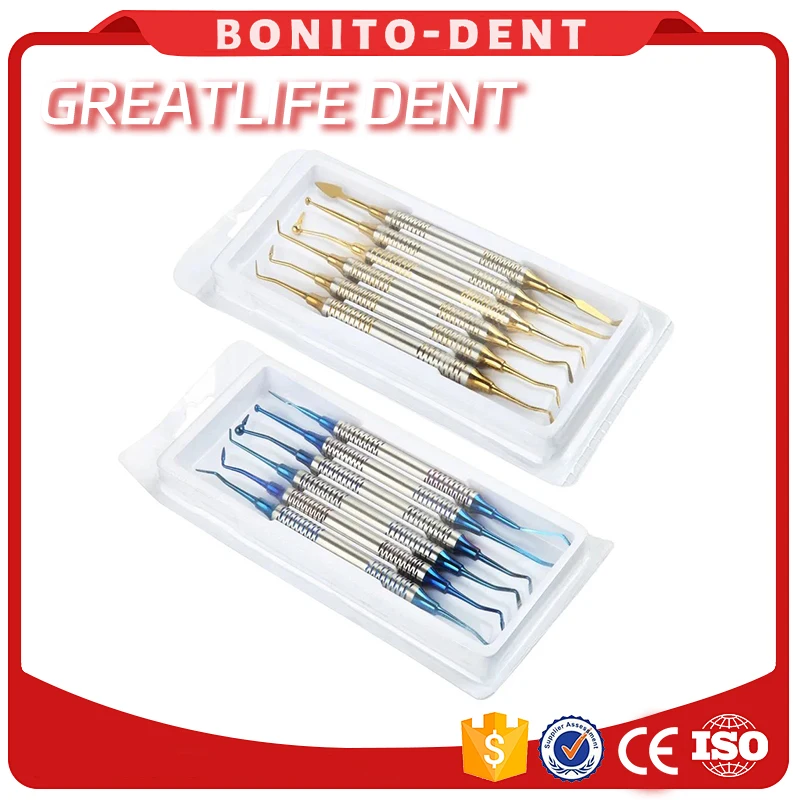 Espátula de enchimento de resina composta dental 6 tamanhos, cabeça banhada a ouro, enchimento de resina, cabo grosso, instrumentación
