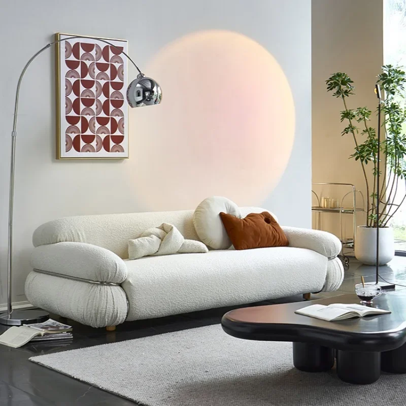 Canapé minimaliste italien, canapé blanc à rangée droite en cuir pour trois personnes, design rétro médiéval, léger et luxueux