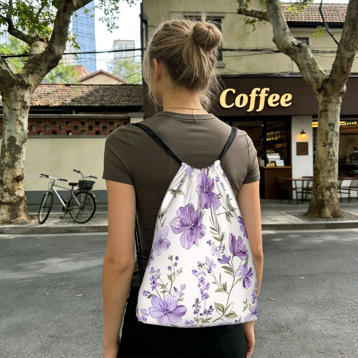 

Light Purple Floral Pattern Backpacks Portable Drawstring Bags Shoes Bag Book Bags for Man Woman Students