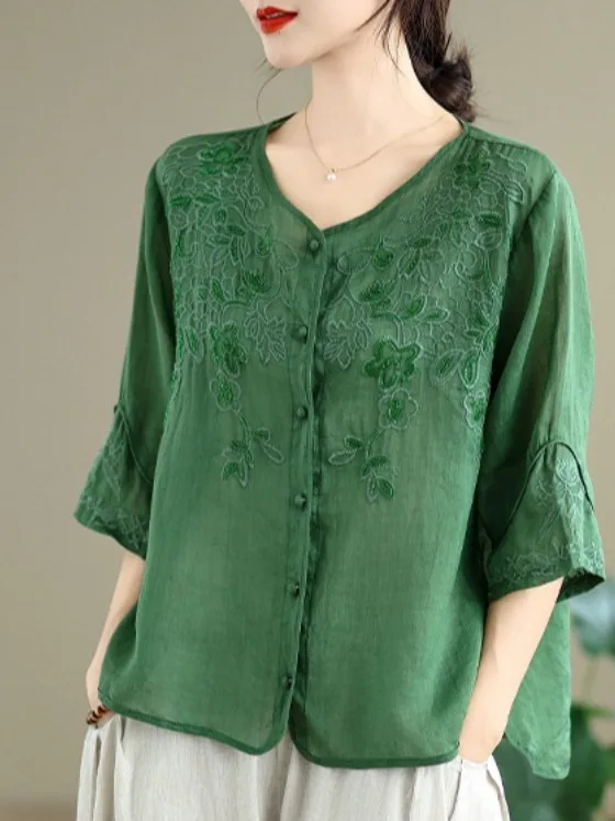 

Summer Thin Embroidered Cotton Linen Casual Shirt Women's plus Size Five-Quarter Sleeve Button round Neck Open Cardigan Top
