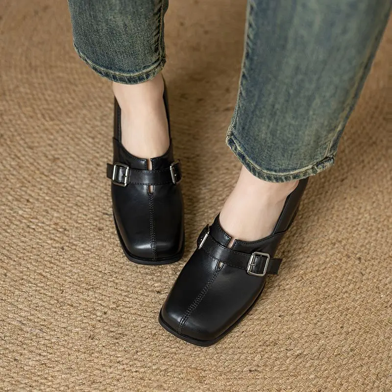 Girseaby Vintage Women Pumps Square Toe Block Heels Slip On Belt Buckle Plus Size 45 46 47 Soft Fashion New Design Summer Shoes