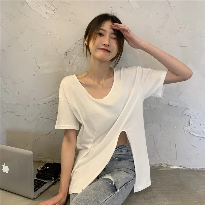 

Split V-Neck Short Sleeved T-Shirt For Women'S Summer New Design Sense, Unique Collarbone, Loose Fitting Student Top