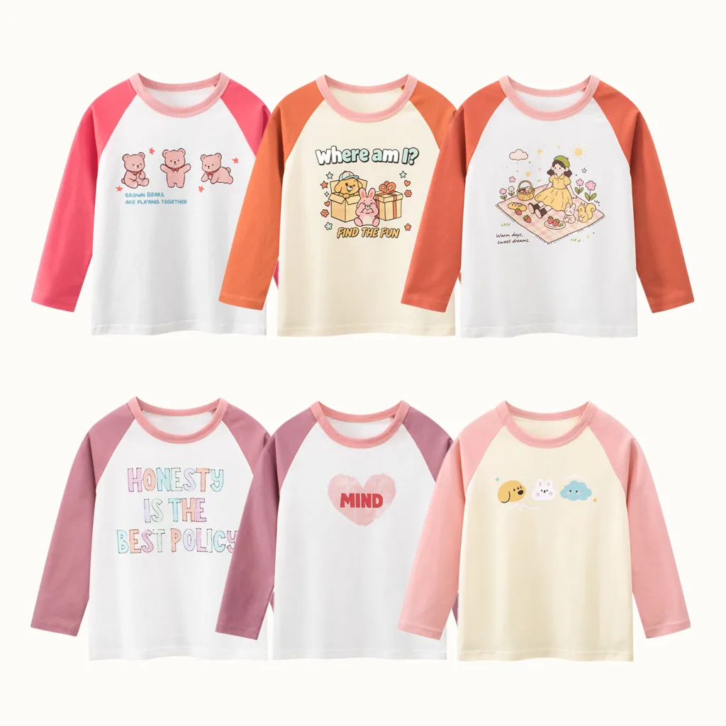 Girls Long Sleeve Raglan T Shirt Cartoon Print Kids Spring Autumn Color Block Casual Tops Cute Graphic Tee