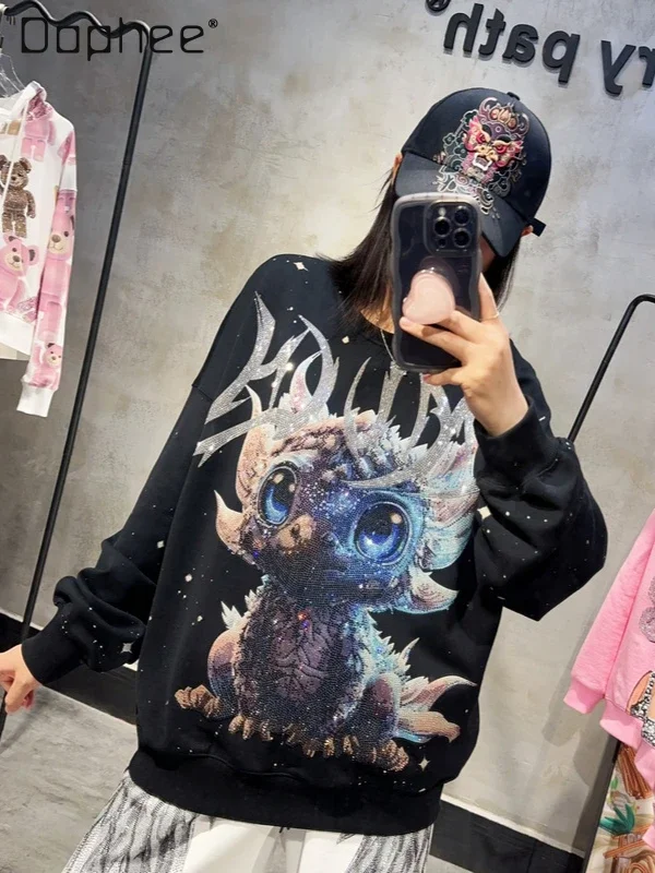 

Trendy Brand Heavy Industry Hot Diamond Hoodies Women and Man 2024 Spring Autumn Loose Cartoon Print Trendy Street Style Top