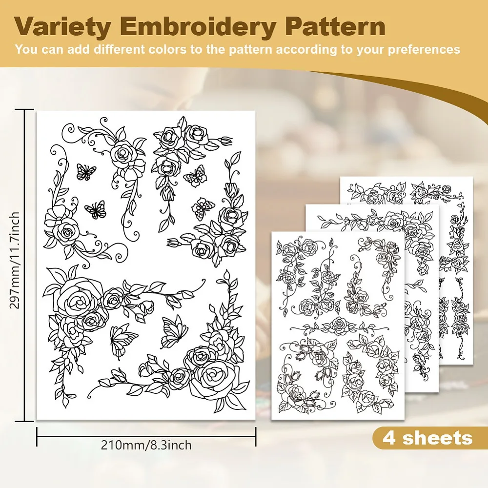 38Pcs Rose Lace 4 Sheets Water Soluble Embroidery Pattern Stabilizers Stick and Stitch Embroidery Stickers Hand Sewing DIY Rose