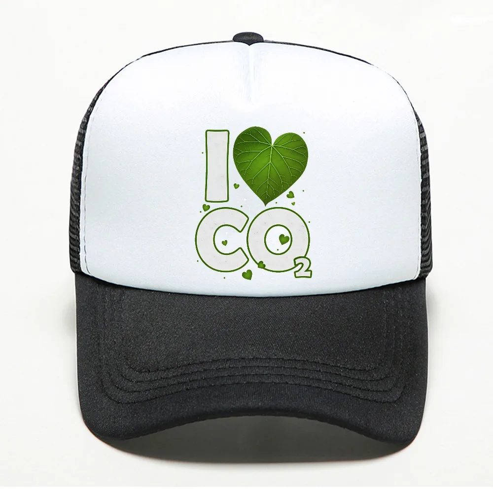 I Love CO2 Mesh Baseball Cap Heart Shaped Green Leaf Carbon Reduction Outdoor Individual Duckbill Hat Breathable trucker hats