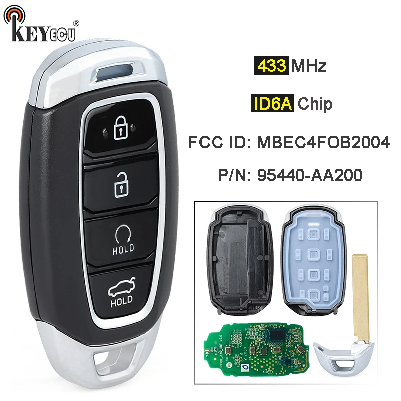 

KEYECU 433MHz ID6A Chip P/N: 95440-AA200 FCC: MBEC4FOB2004 OEM Parts Keyless Smart Remote Key Fob for Hyundai Elantra 2020-2022