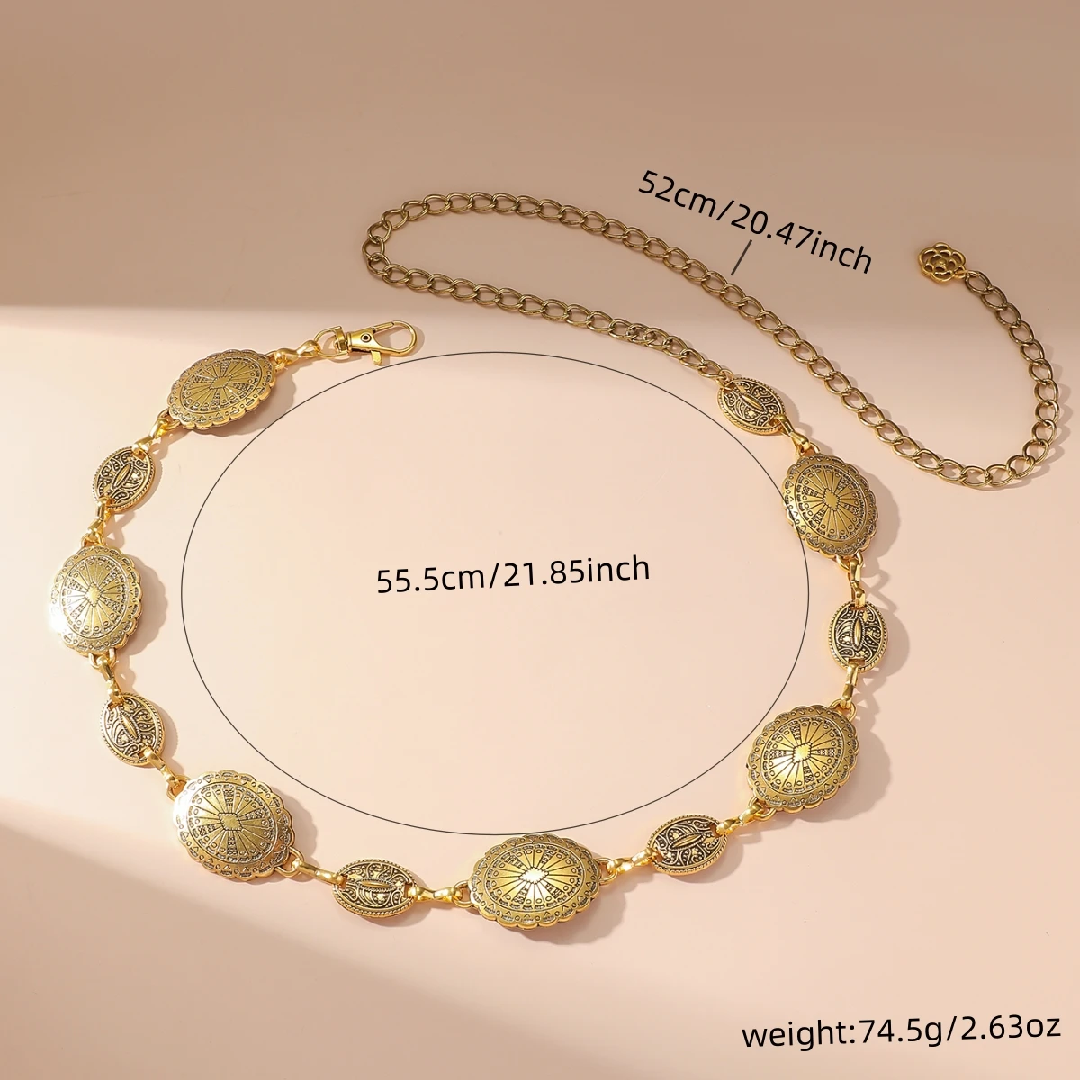 Vintage Oval Craved Metal Waist Chain dla kobiet w stylu retro Wykwintne pozłacane łańcuszki do paska Modna biżuteria na ciało Prezenty — zdjęcie 7