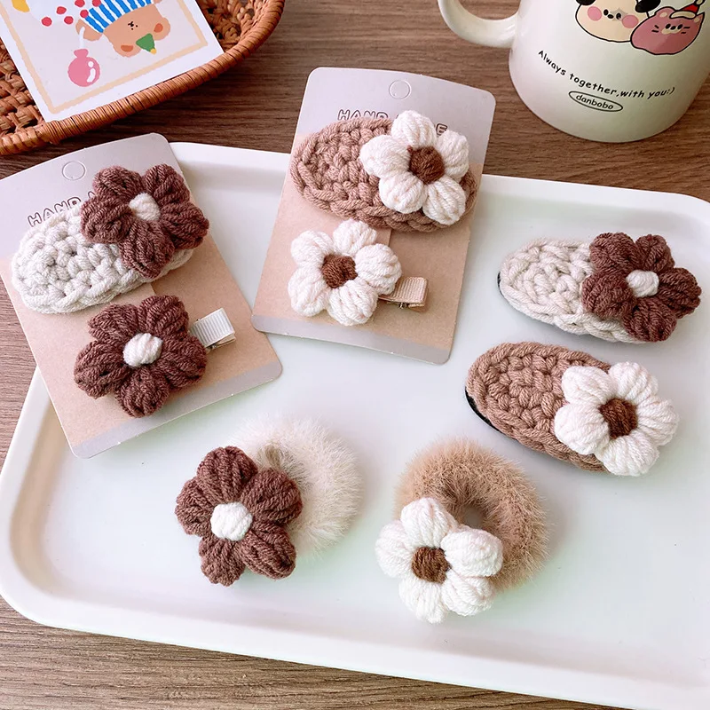 

2pc Brown Color Crochet Baby Hair Clips Wool Knitted Hair Clamp Pins Flower Hairpins BB Barrette Girls Hair Accessories Children