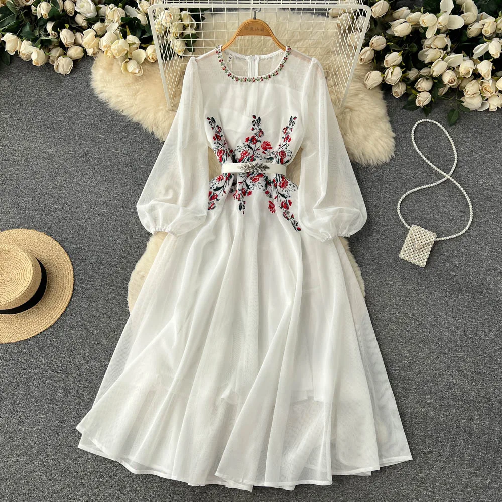 Heavy Industry Embroidery Mesh Beaded Long Sleeve Dress for Women's Autumn New High End Fashion Celebrity Fairy Skirt Long Skirt