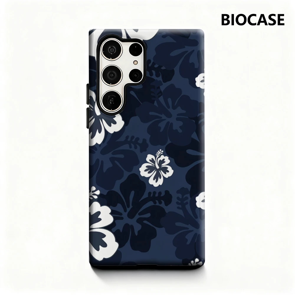 Blaue Hibiskus-Handyhülle für Samsung Galaxy S25 Ultra S24 S23 Ultra Plus, glänzende doppellagige Rückseite