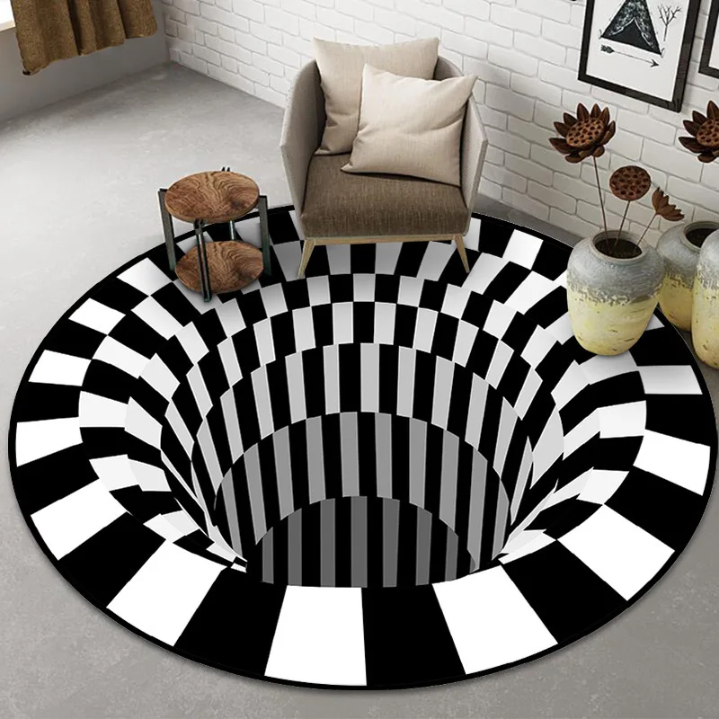 3D Bottomless Hole Optical Illusion Rug Carpet for Living Room Swirl Print Round Grid 3D Illusion Vortex Carpet Non-Slip Mat