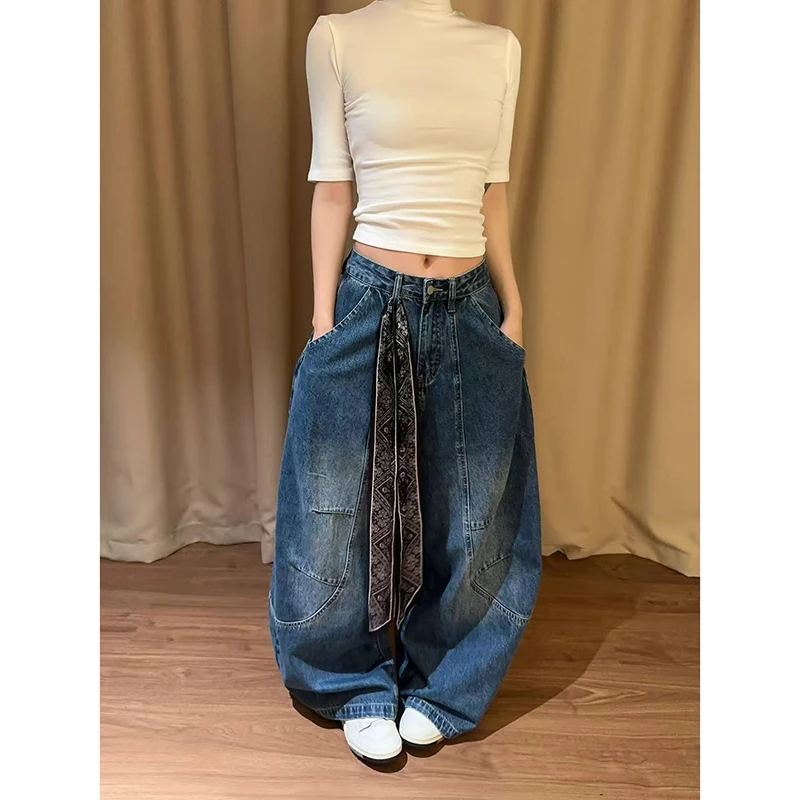 

Женские винтажные синие джинсы в американском стиле ретро Y2K 2000-х годов, джинсовые брюки большого размера с высокой талией, свободные повседневные широкие брюки, уличная одежда