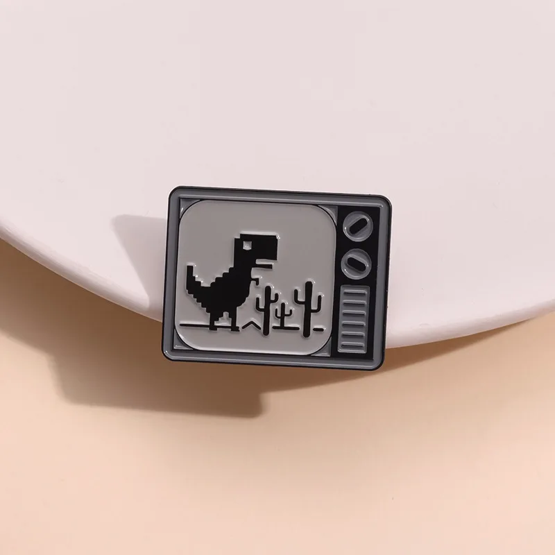 Retro Cartoon TV Pixel Dinosaur Enamel Pins Funny Dinosaur Decorative Badge Brooches Lapel Pin Jewelry Gift for Friend Wholesale